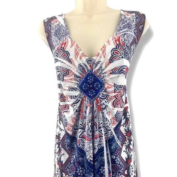 Red White Blue Abstract Sublimation Embellished Dress Size 1X 16‎ 18 Summer Plus - Picture 2 of 10